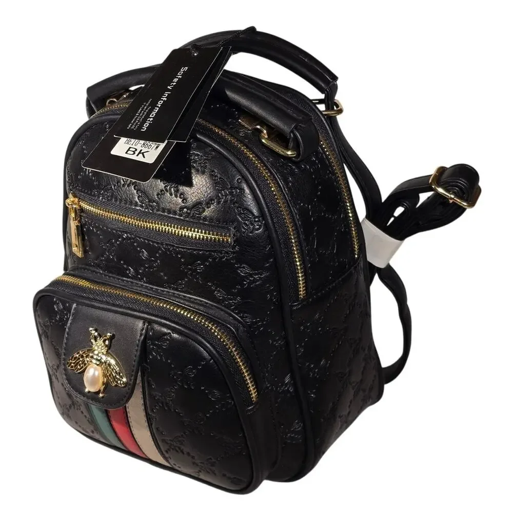 American Bee Mini Backpack Purse Vegan Faux Leather Bee Embossed Black NWT